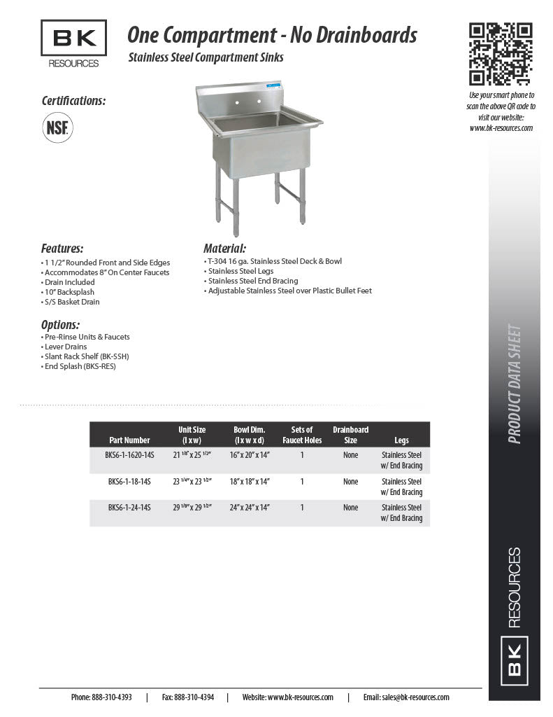 BK Resources Stainless Steel 1 Compartment Sink w/ 10" Riser – 24"L x 24"W x 14"D Bowl - Donut-Equipment.com