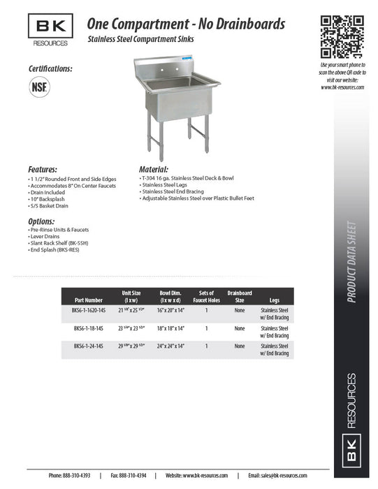 BK Resources Stainless Steel 1 Compartment Sink w/ 10" Riser – 24"L x 24"W x 14"D Bowl - Donut-Equipment.com