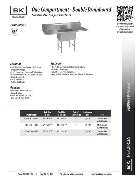 BK Resources Stainless Steel 1 Compartment Sink w/ 10" Riser & Dual Drainboards – 24"L x 24"W x 14"D Bowl - Donut-Equipment.com