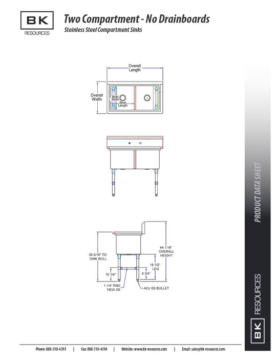 BK Resources Stainless Steel 2 Compartment Sink w/ 10" Riser – 20"L x 16"W x 14"D Bowls - Donut-Equipment.com