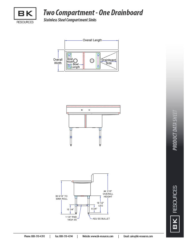 BK Resources Stainless Steel 2 Compartment Sink w/ 10" Riser & Left Drainboard – 20"L x 16"W x 14"D Bowls - Donut-Equipment.com