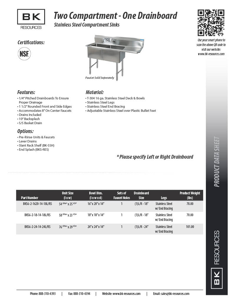 BK Resources Stainless Steel 2 Compartment Sink w/ 10" Riser & Right Drainboard – 20"L x 16"W x 14"D Bowls - Donut-Equipment.com