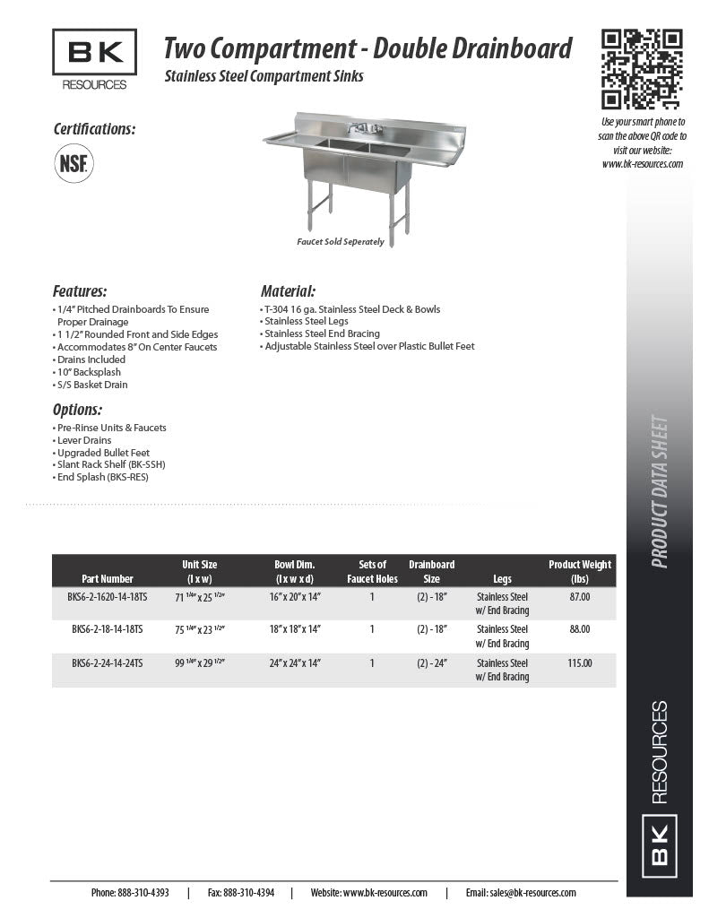 BK Resources Stainless Steel 2 Compartment Sink w/ 10" Riser & Dual Drainboards – 20"L x 16"W x 14"D Bowls - Donut-Equipment.com