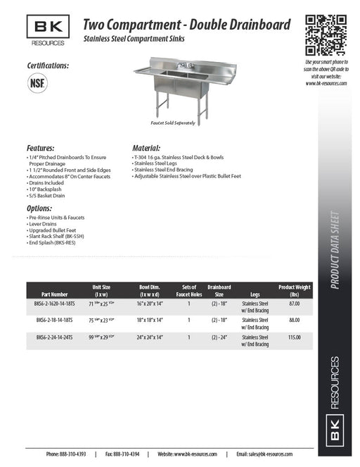 BK Resources Stainless Steel 2 Compartment Sink w/ 10" Riser & Dual Drainboards – 20"L x 16"W x 14"D Bowls - Donut-Equipment.com