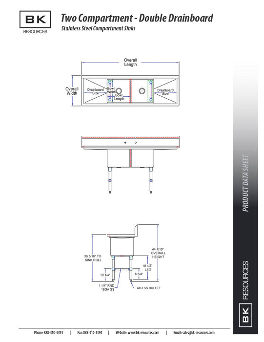 BK Resources Stainless Steel 2 Compartment Sink w/ 10" Riser & Drainboards – 18"L x 18"W x 14"D Bowls - Donut-Equipment.com