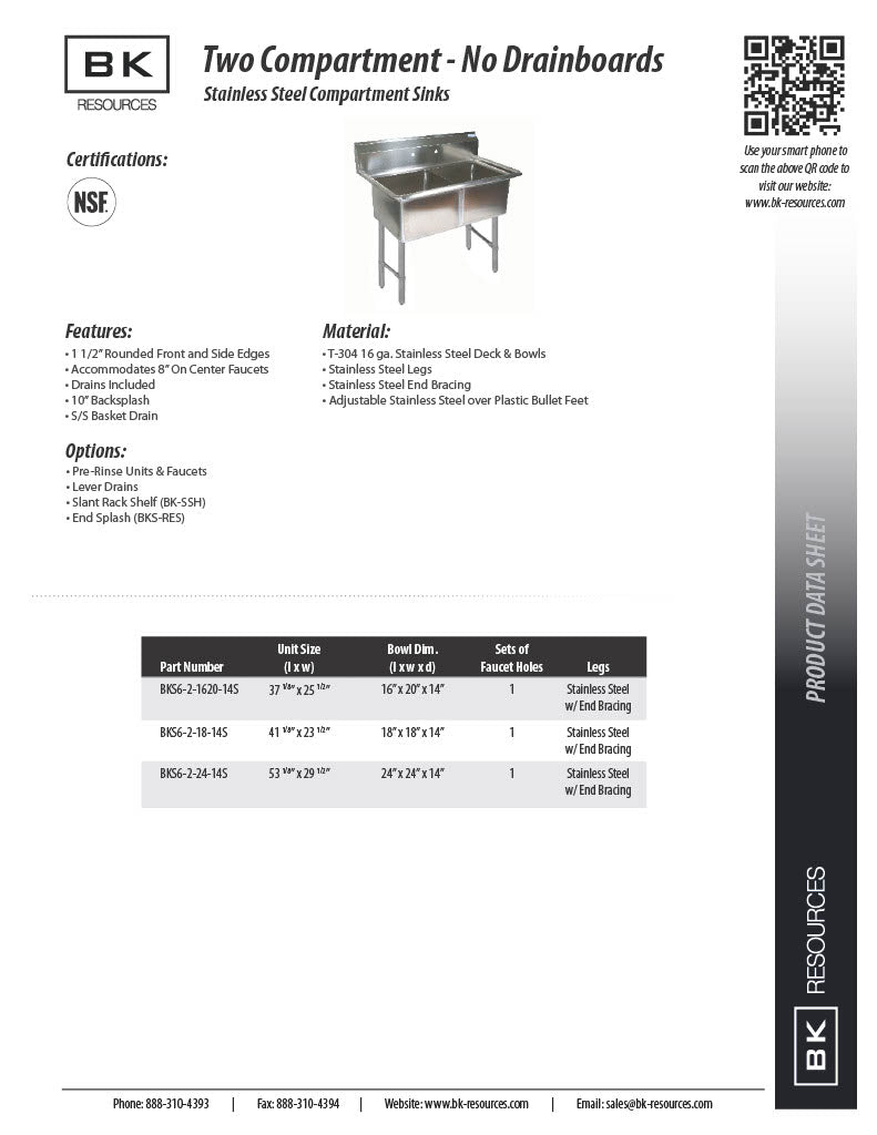 BK Resources Stainless Steel 2 Compartment Sink w/ 10" Riser – 24"L x 24"W x 14"D Bowls - Donut-Equipment.com
