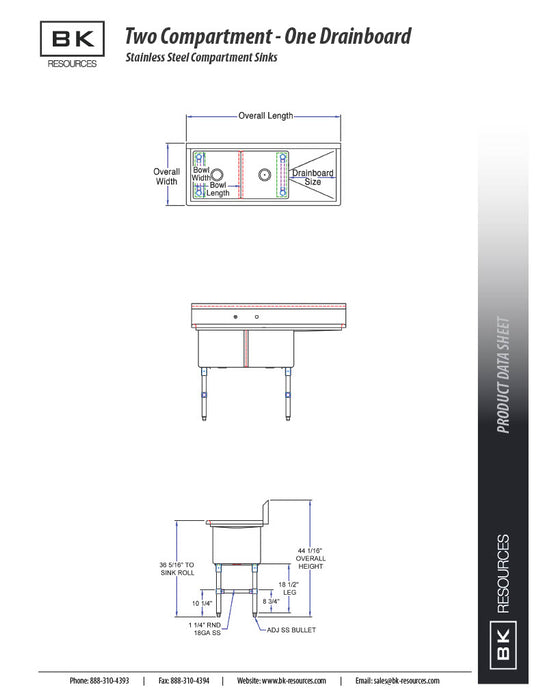 BK Resources Stainless Steel 2 Compartment Sink w/ 10" Riser & Left Drainboard – 24"L x 24"W x 14"D Bowls - Donut-Equipment.com