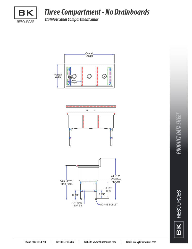 BK Resources Stainless Steel 3 Compartment Sink w/ 10" Riser – 20"L x 16"W x 14"D Bowls - Donut-Equipment.com
