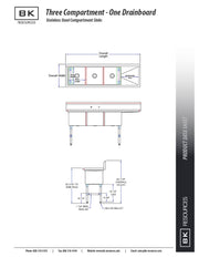 BK Resources Stainless Steel 3 Compartment Sink w/ 10" Riser & Right Drainboard – 20"L x 16"W x 14"D Bowls - Donut-Equipment.com
