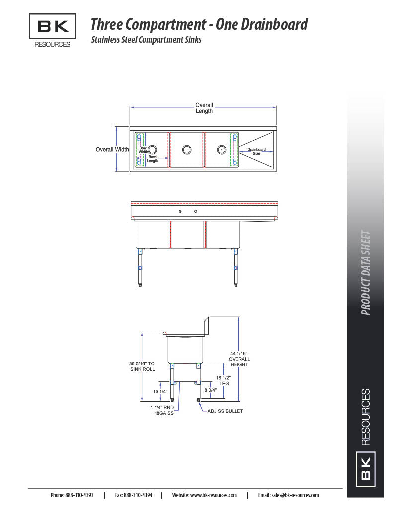 BK Resources Stainless Steel 3 Compartment Sink w/ 10" Riser & Right Drainboard – 20"L x 16"W x 14"D Bowls - Donut-Equipment.com