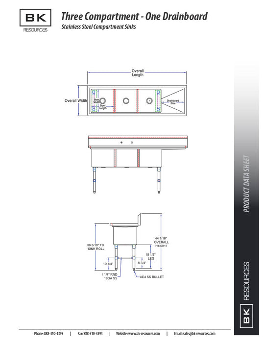 BK Resources Stainless Steel 3 Compartment Sink w/ 10" Riser & Right Drainboard – 20"L x 16"W x 14"D Bowls - Donut-Equipment.com