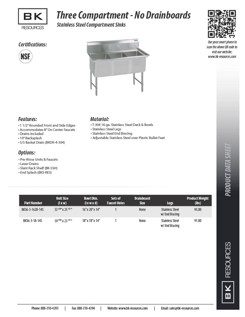 BK Resources Stainless Steel 3 Compartment Sink w/ 10" Riser – 18"L x 18"W x 14"D Bowls - Donut-Equipment.com
