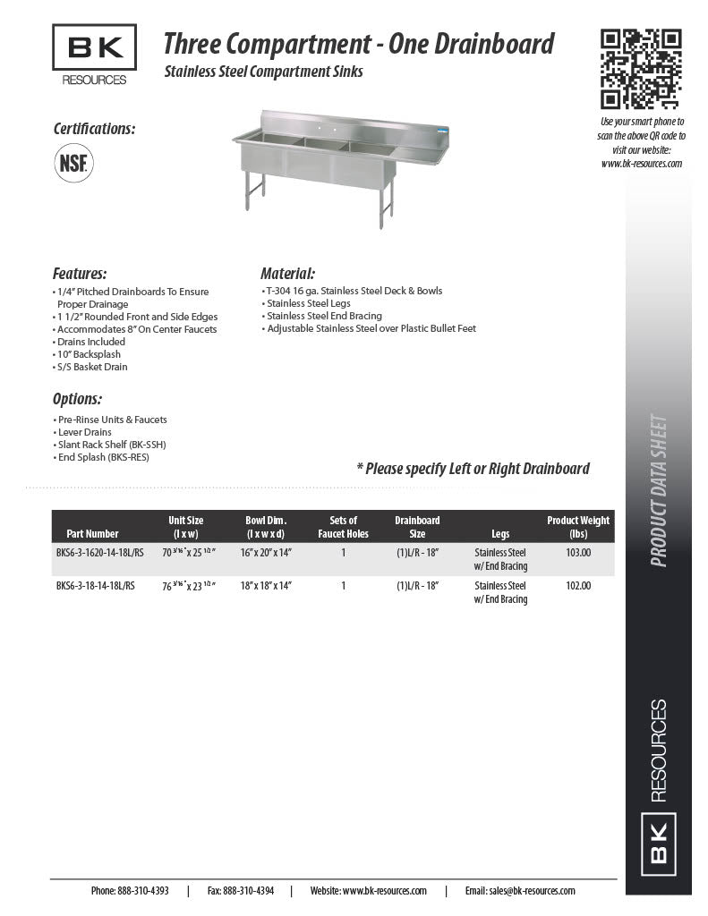 BK Resources Stainless Steel 3 Compartment Sink w/ 10" Riser & Right Drainboard – 18"L x 18"W x 14"D Bowls - Donut-Equipment.com