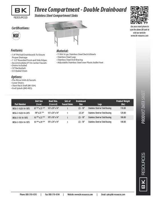 BK Resources Stainless Steel 3 Compartment Sink w/ 10" Riser & Drainboards – 18"L x 18"W x 14"D Bowls - Donut-Equipment.com