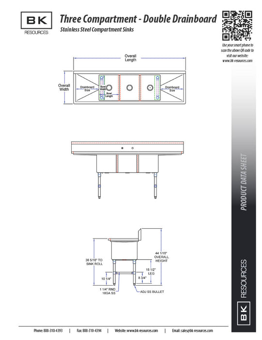 BK Resources Stainless Steel 3 Compartment Sink w/ 10" Riser & Drainboards – 18"L x 18"W x 14"D Bowls - Donut-Equipment.com