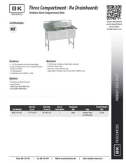 BK Resources Stainless Steel 3 Compartment Sink w/ 10" Riser – 24"L x 24"W x 14"D Bowls - Donut-Equipment.com