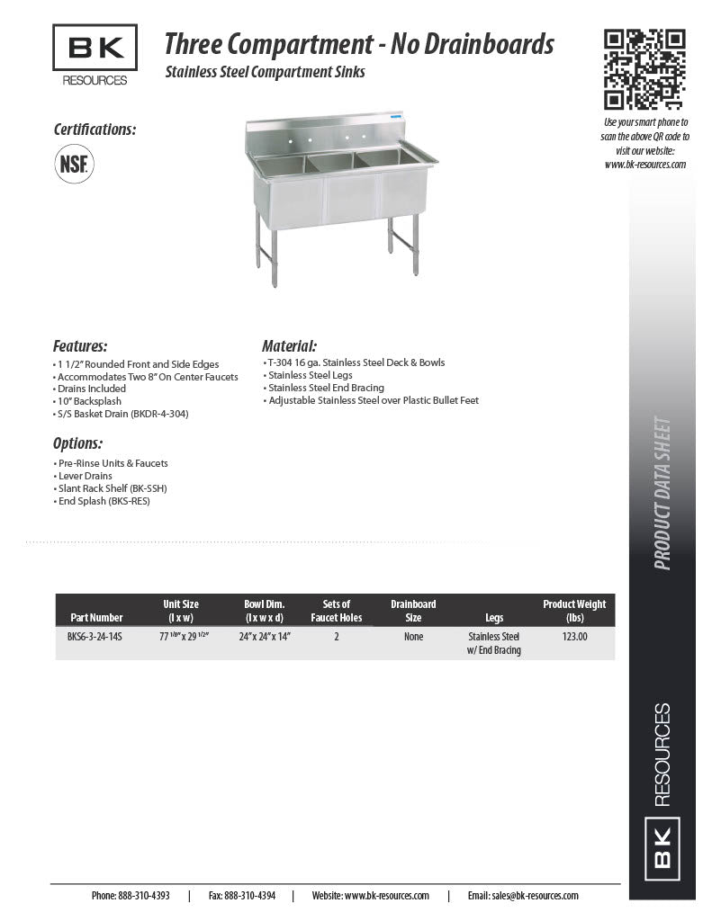BK Resources Stainless Steel 3 Compartment Sink w/ 10" Riser – 24"L x 24"W x 14"D Bowls - Donut-Equipment.com