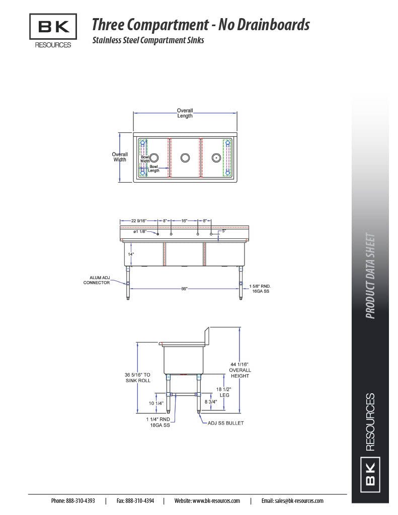 BK Resources Stainless Steel 3 Compartment Sink w/ 10" Riser – 24"L x 24"W x 14"D Bowls - Donut-Equipment.com