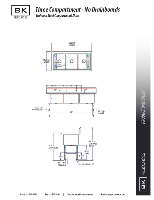 BK Resources Stainless Steel 3 Compartment Sink w/ 10" Riser – 24"L x 24"W x 14"D Bowls - Donut-Equipment.com