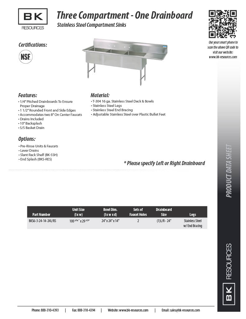 BK Resources Stainless Steel 3 Compartment Sink w/ 10" Riser & Left Drainboard – 24"L x 18"W x 14"D Bowls - Donut-Equipment.com