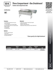 BK Resources Stainless Steel 3 Compartment Sink w/ 10" Riser & Right Drainboard – 24"L x 24"W x 14"D Bowls - Donut-Equipment.com