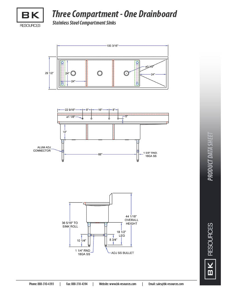 BK Resources Stainless Steel 3 Compartment Sink w/ 10" Riser & Right Drainboard – 24"L x 24"W x 14"D Bowls - Donut-Equipment.com