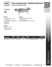 BK Resources Stainless Steel 3 Compartment Sink w/ 10" Riser & Drainboards – 24"L x 24"W x 14"D Bowls - Donut-Equipment.com