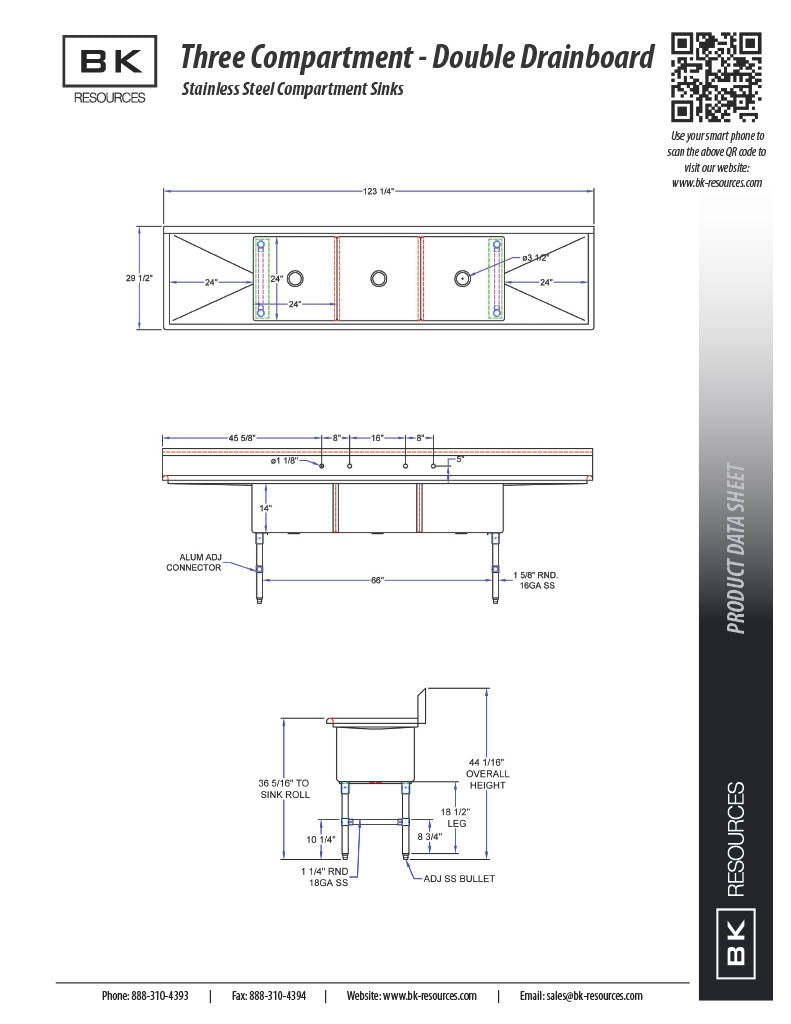 BK Resources Stainless Steel 3 Compartment Sink w/ 10" Riser & Drainboards – 24"L x 24"W x 14"D Bowls - Donut-Equipment.com