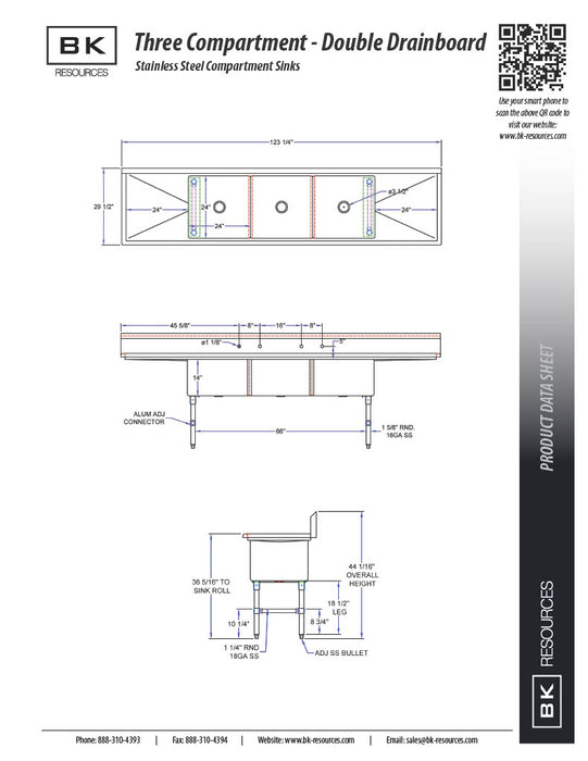 BK Resources Stainless Steel 3 Compartment Sink w/ 10" Riser & Drainboards – 24"L x 24"W x 14"D Bowls - Donut-Equipment.com