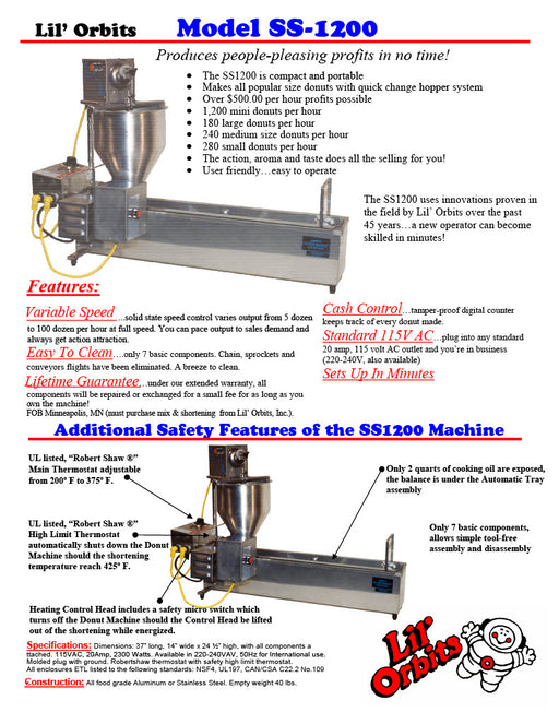 Lil Orbits Electric Model SS-1200 with HP916S Large Hopper 160 per Hour - Donut-Equipment.com
