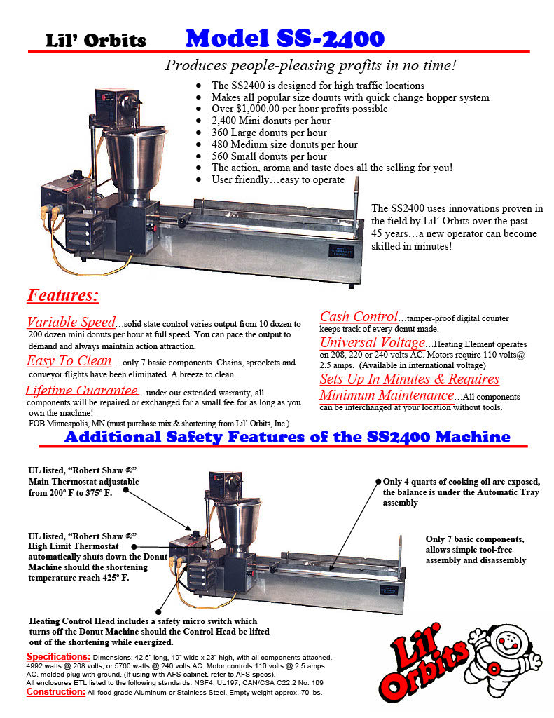Lil Orbits Electric Model SS-2400 with HP14S Small Hopper 560 per Hour - Donut-Equipment.com