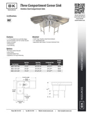 BK Resources Stainless Steel 3 Compartment Corner Sink w/ Dual 18" Drainboards – 18"L x 18"W x 14"D Bowls - Donut-Equipment.com