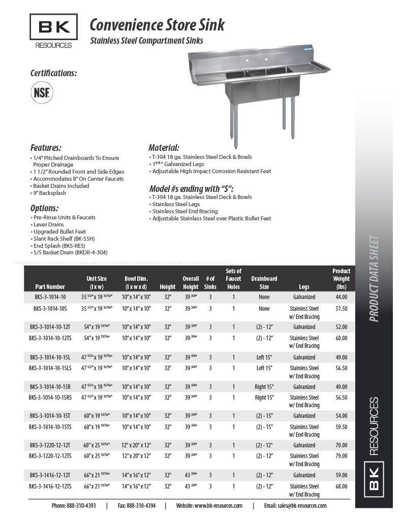 BK Resources Stainless Steel 3 Compartment Convenience Store Sink – 14"L x 10"W x 10"D Bowls - Donut-Equipment.com