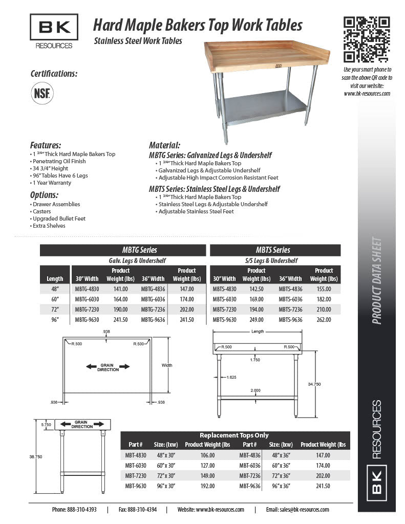 BK Resources Hard Maple Baker’s Top Work Table w/ Stainless Steel Undershelf, Oil Finish – 60" W x 30" D - Donut-Equipment.com