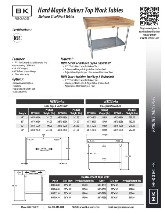 BK Resources Hard Maple Baker’s Top Work Table w/ Stainless Steel Undershelf, Oil Finish – 60" W x 30" D - Donut-Equipment.com