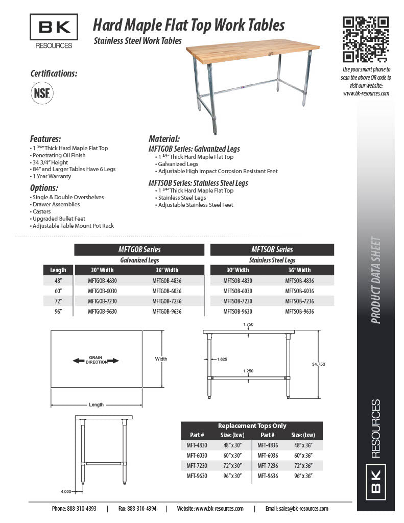BK Resources Hard Maple Work Table w/ Open Base & Galvanized Legs, Oil Finish – 48" L x 30" W - Donut-Equipment.com