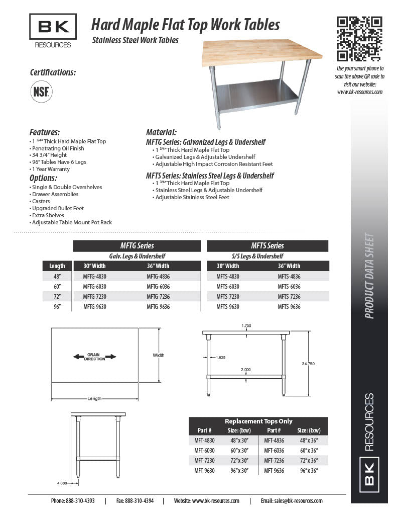 BK Resources Hard Maple Flat Top Work Table w/ Stainless Steel Undershelf, Oil Finish – 60" L x 36" W - Donut-Equipment.com