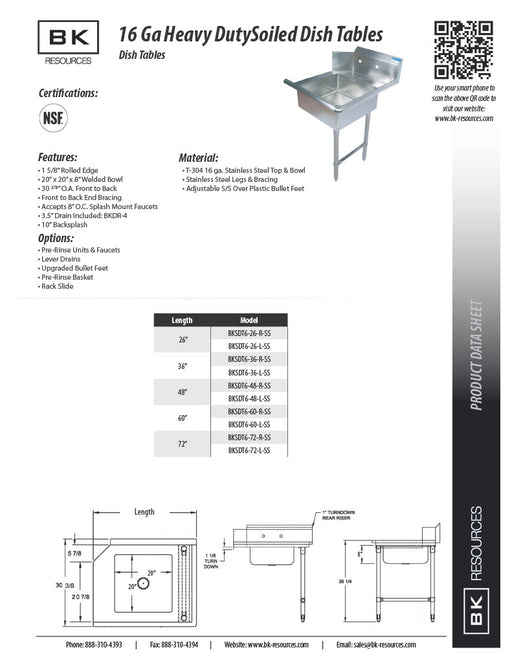BK Resources 72" Right-Side Rinse Table Kit, 16-Gauge Stainless Steel - Donut-Equipment.com