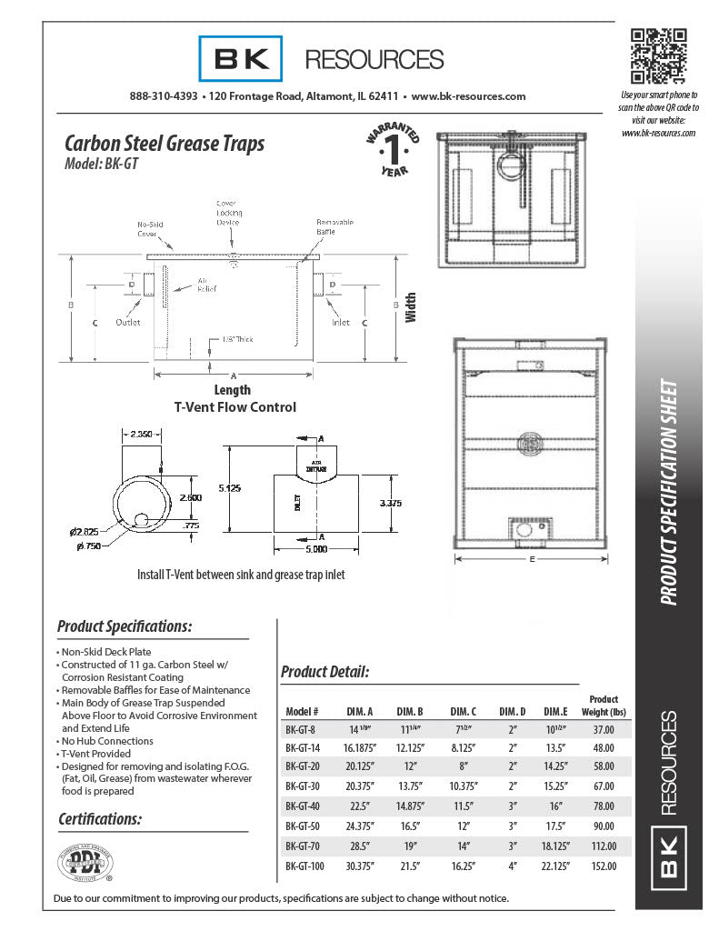 BK Resources 8 lb / 4 GPM Carbon Steel Grease Trap / Interceptor - Donut-Equipment.com