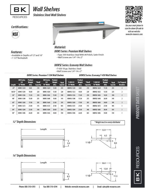 BK Resources 16" x 24" Stainless Steel T-430 18 Gauge Wall Shelf - Donut-Equipment.com