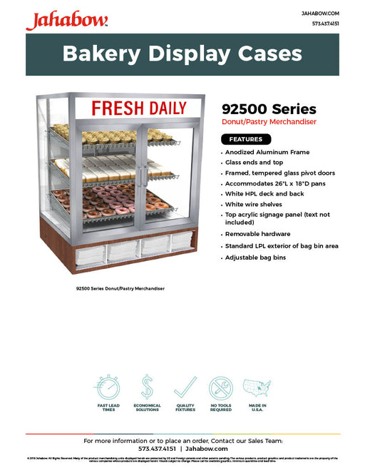 Jahabow 92500 Series 31"L x 24"D x 36"H Countertop Donut/Pastry Display Case – Aluminum, Tempered Glass, w/ 3 Shelves, Non-Refrigerated - Donut-Equipment.com