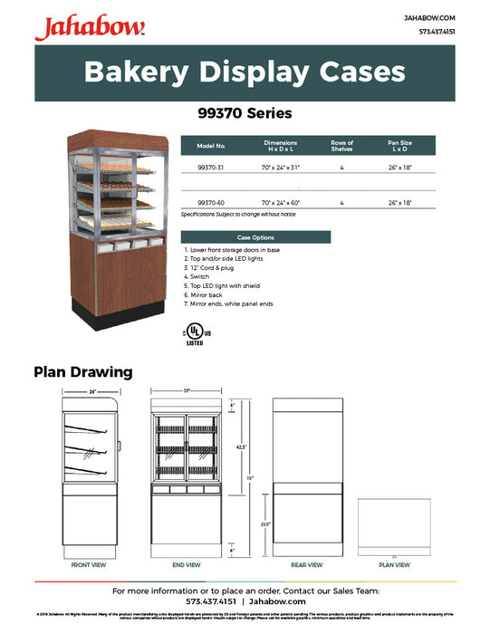 Jahabow 99370 Series 60"L x 24"D x 70"H Bakery Display Case with Pedestal Base – Aluminum, Tempered Glass, w/ 4 Shelves, Non-Refrigerated - Donut-Equipment.com
