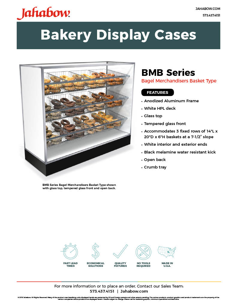 Jahabow BMB Series 75.375"L x 22"D x 50"H Bagel Merchandiser Display Case – Aluminum, Tempered Glass, w/ 3 Fixed Rows, Non-Refrigerated - Donut-Equipment.com