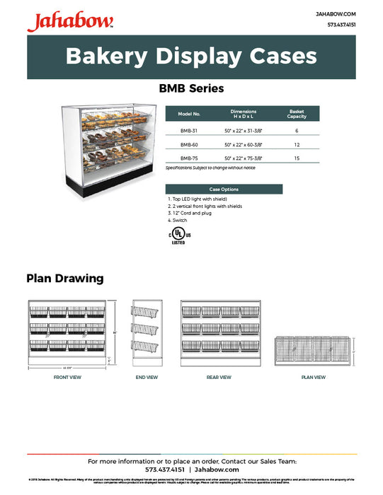 Jahabow BMB Series 75.375"L x 22"D x 50"H Bagel Merchandiser Display Case – Aluminum, Tempered Glass, w/ 3 Fixed Rows, Non-Refrigerated - Donut-Equipment.com