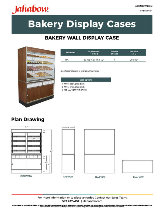 Jahabow Bakery White Wall Display Case 58.5"L x 24"D x 83.5"H – Aluminum, Tempered Glass, w/ 4 Shelves, Non-Refrigerated - Donut-Equipment.com