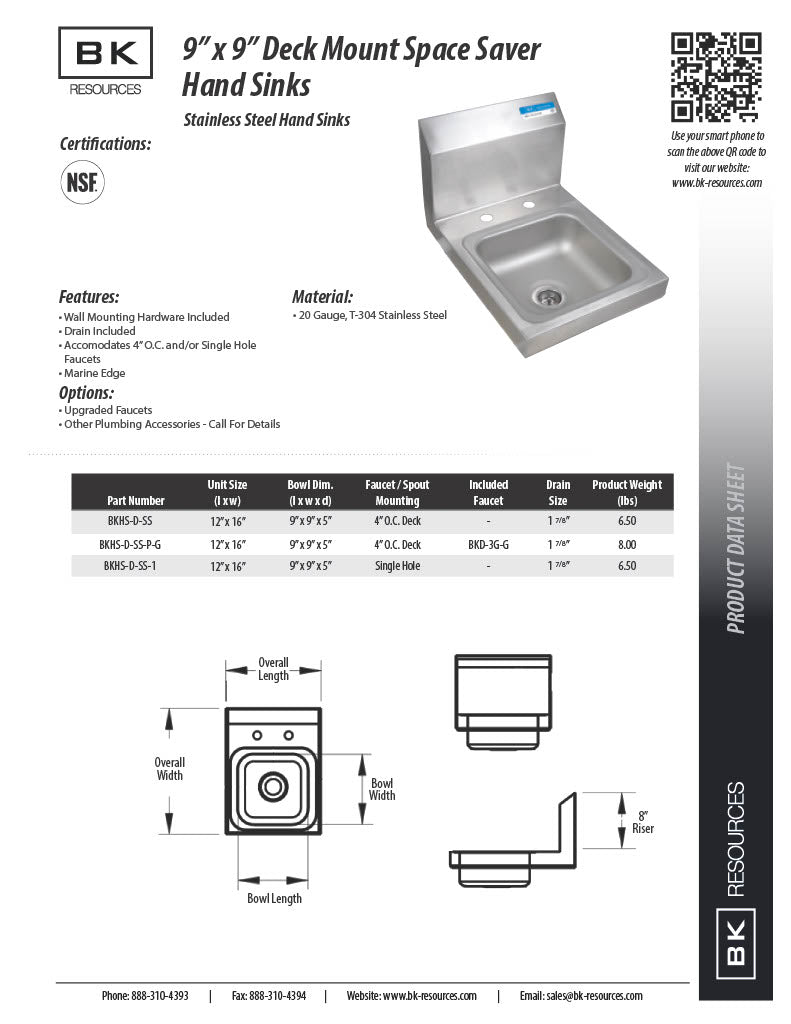 BK Resources Space Saver Stainless Steel Hand Sink with Faucet – 9" x 9" Bowl • 2-Hole Design • Compact Commercial Use - Donut-Equipment.com