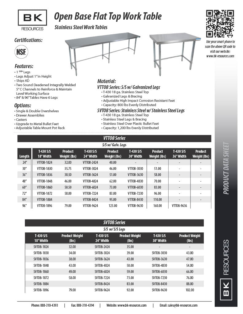 BK Resources 72" x 24" 18 Gauge Stainless Steel Work Table with Open Base – Prep Table - Donut-Equipment.com