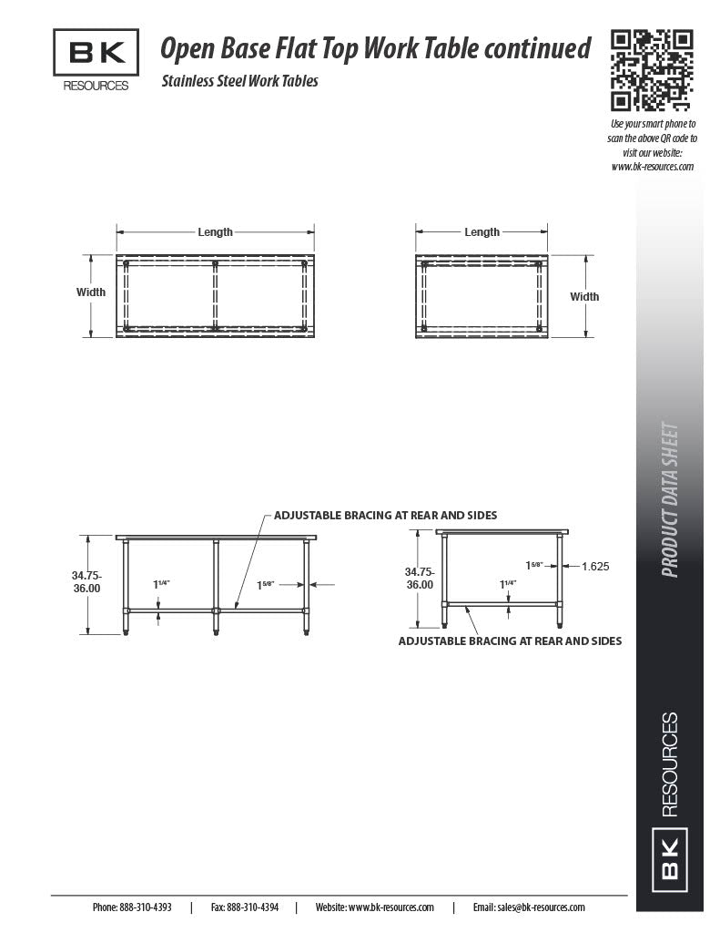 BK Resources 72" x 24" 18 Gauge Stainless Steel Work Table with Open Base – Prep Table - Donut-Equipment.com