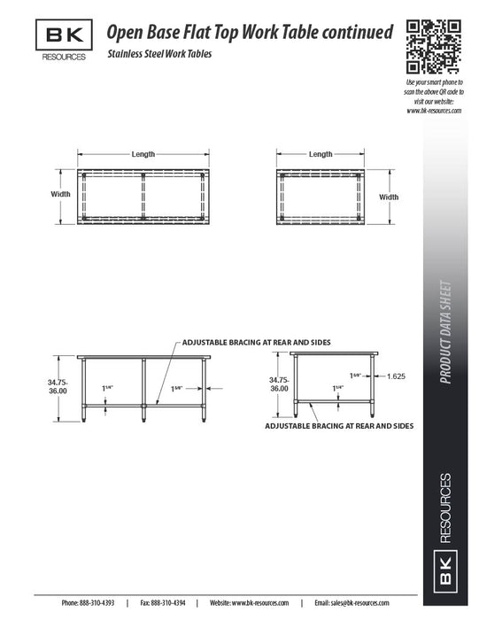 BK Resources 72" x 24" 18 Gauge Stainless Steel Work Table with Open Base – Prep Table - Donut-Equipment.com