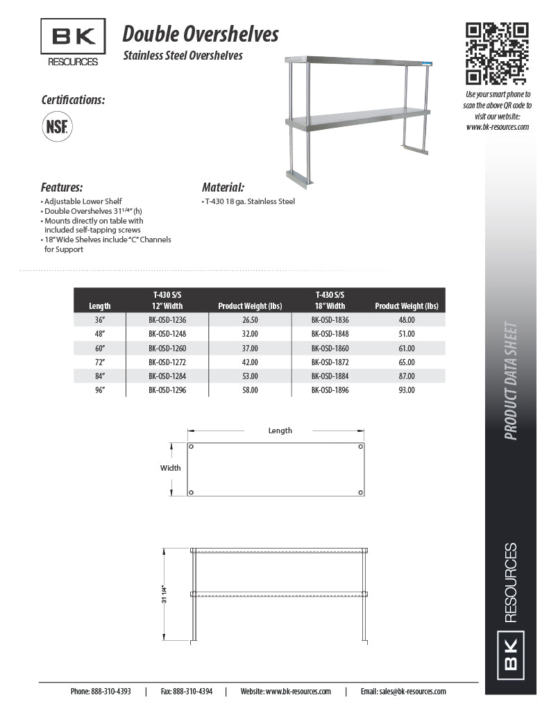 BK Resources 12" x 96" Double Overshelf – Table Mount with Adjustable Lower Shelf • 18 Gauge T-430 Stainless Steel - Donut-Equipment.com